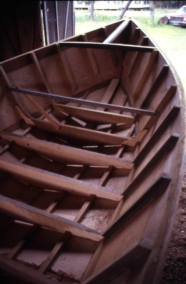 Bow of the skiff being built by Bobby Shiver, viewed from inside the skiff - Eastpoint, Florida