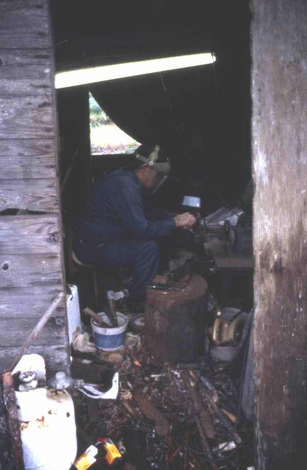 Knife maker Loys Cain in his workshop - Eastpoint, Florida