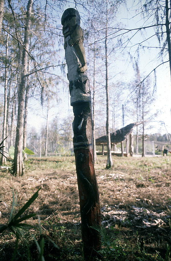 Carved pole on James Billie's property - Big Cypress Reservation, Florida