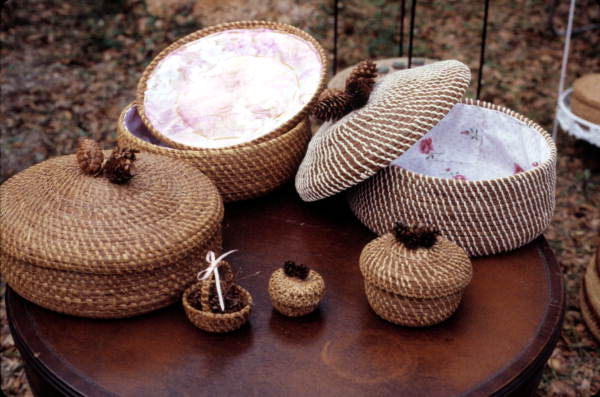 Pine needle baskets made by Pauline Hodges, Dorothea Kent, and Reba Harrison - Jacksonville, Florida.