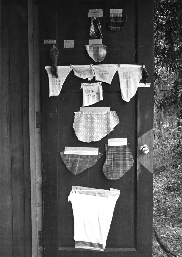 Shirt tails nailed on a door