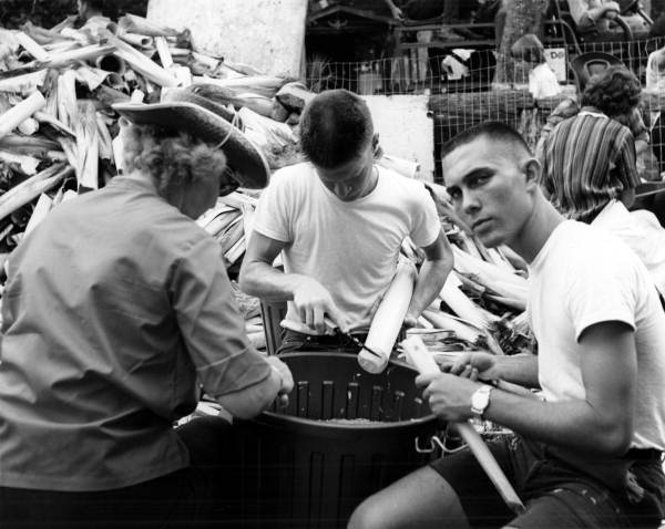 Unidentified men and woman cut up the hearts of a cabbage palm