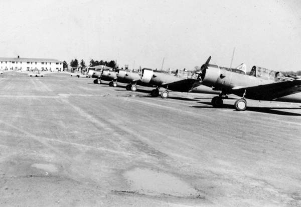 Line of Vultee BT-13 Valiant planes used during primary flight training at Dorr Field in Arcadia, Florida.
