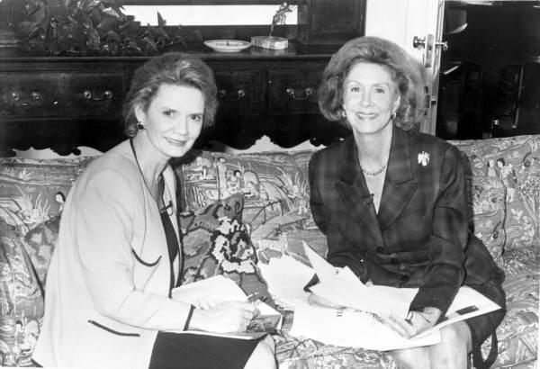Dr. Patricia Clements, left, and former First Lady Adele Graham preparing for a television interview in the Florida Room of the Governor's Mansion.