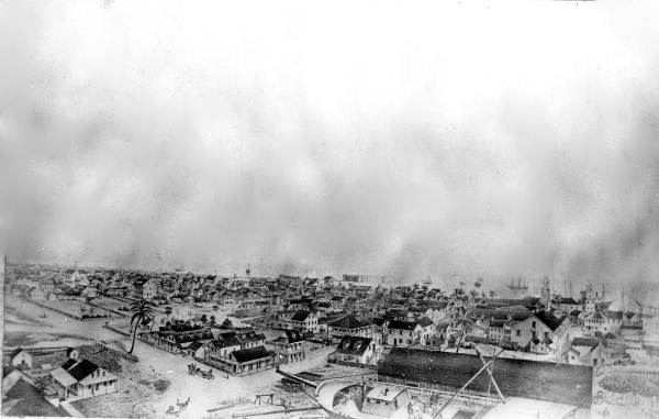 Bird's eye view drawing overlooking a section of Key West, Florida.
