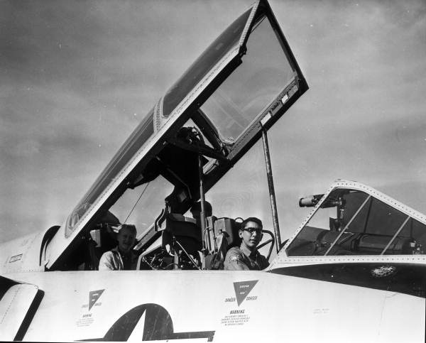 Boy Scouts Air Explorers Chip Bloyd and Rick Sword in a military jet plane at Tyndall Air Force Base.