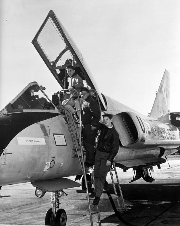 Boy Scouts Air Explorers with a military jet plane at Tyndall Air Force Base.