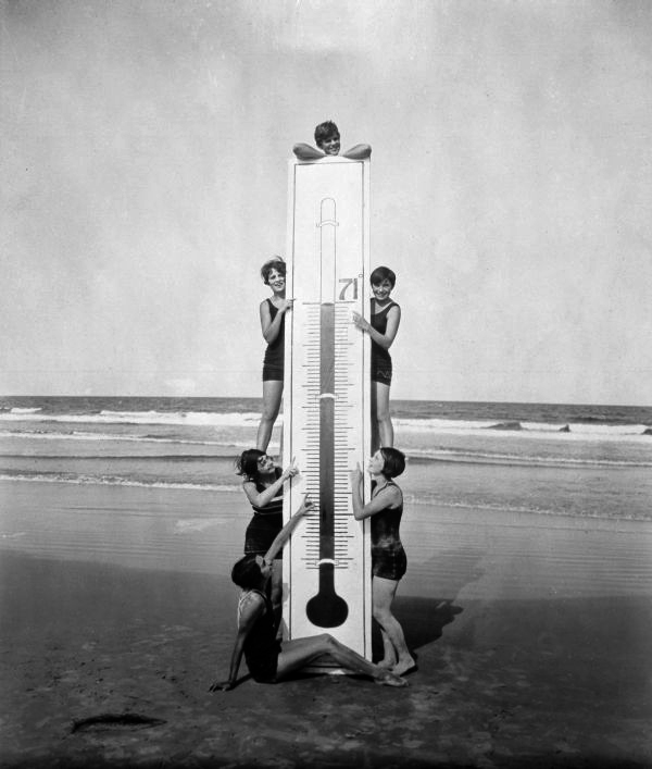 Bathing beauties with thermometer showing average annual temperature - Daytona Beach