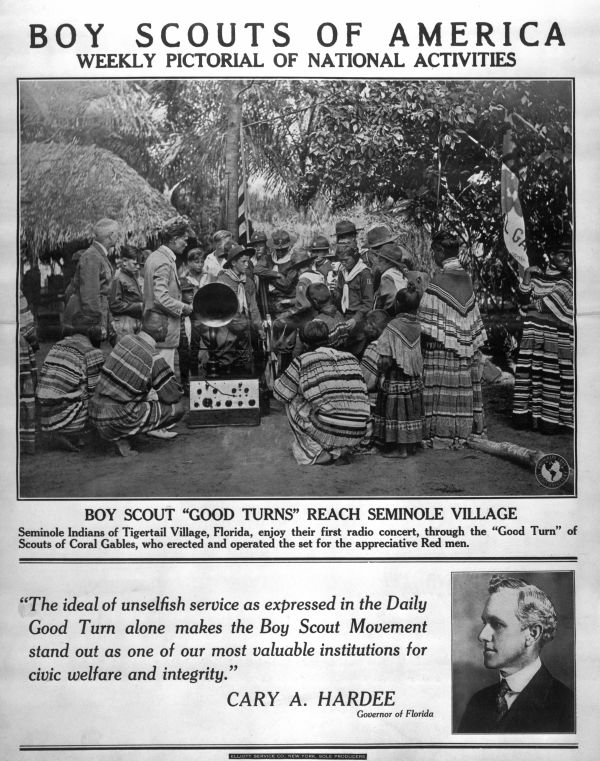 Boy Scout troop 7 operating a radio for Seminole Indians at Tigertail Village