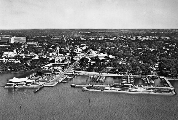 Aerial view showing Dunedin Marina, Jamaica Inn, downtown Dunedin and Mease Manor