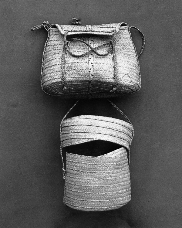 Bags woven continuously of palmetto bud leaf and cured coconut leaf by FERA workers