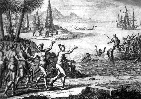 Le Moyne lithograph of Timucua Indians greeting the French - Florida