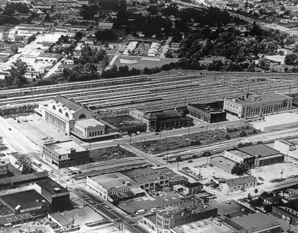 Aerial view of Union Station and yards - Jacksonville, Florida.