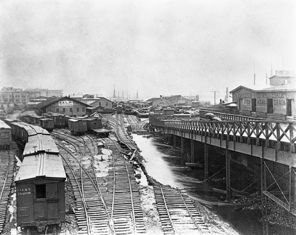 Railroad yard flooded by McCoys Creek.