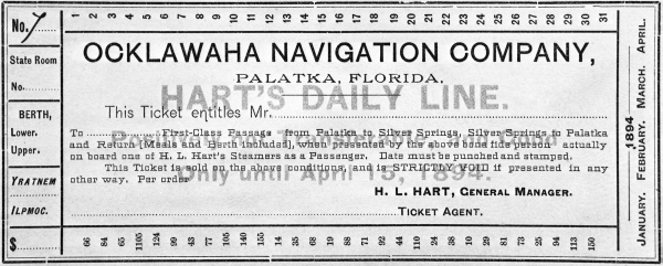 Ticket for traveling Ocklawaha River - Palatka, Florida