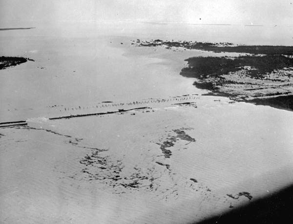 Gap between Keys where railroad and highway have been washed away by the hurricane - Florida Keys, Florida