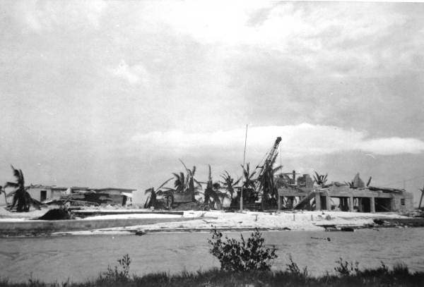 View of a crane used to remove debris after the hurricane