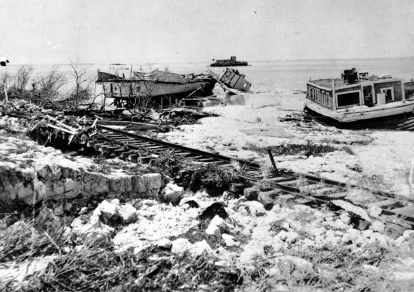 Wrecked houseboat and ferry near the washed out railroad bed - Lower Matecumbe Key