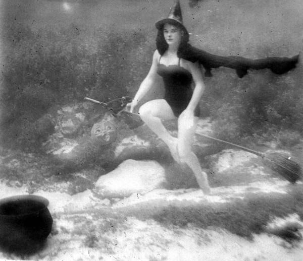 Underwater witch on a broom at Halloween - Rainbow Springs, Florida.