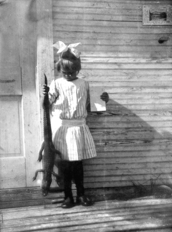 Dorothy Hedley Morris with alligator - Fort Lauderdale.