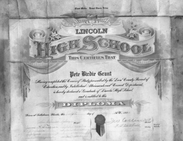 Lincoln High School diploma for Pete Birdie Grant