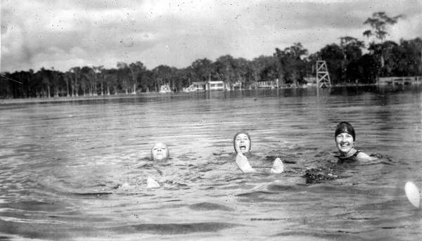 Students from the Florida State College for Women swim Lake Bradford at Camp Flastacowo - Tallahassee, Florida.