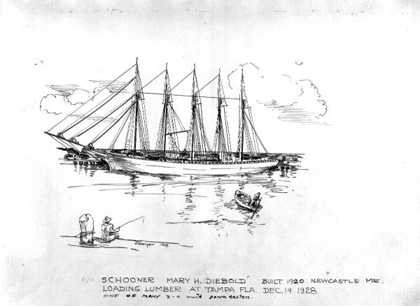 "Mary H. Diebold", schooner drawn by Philip Ayers Sawyer.