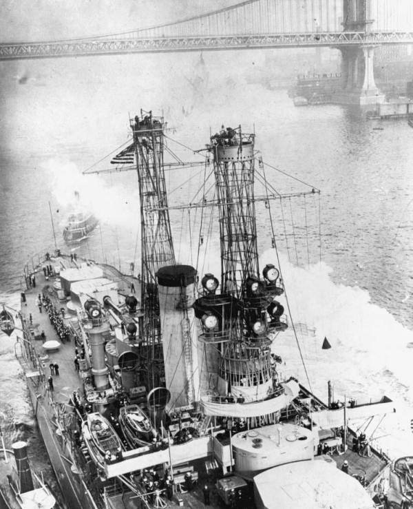 U.S.S. Florida (BB-30) passing under the Brooklyn Bridge - New York, New York