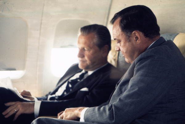 Governor Claude Kirk, right, on jet with Republican presidential primary candidate New York Governor Nelson Rockefeller