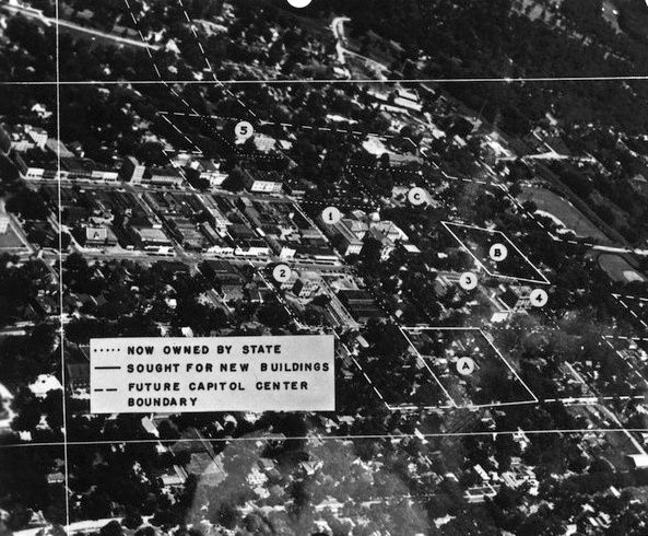 Aerial view with markings to indicate future growth of Capitol Center.