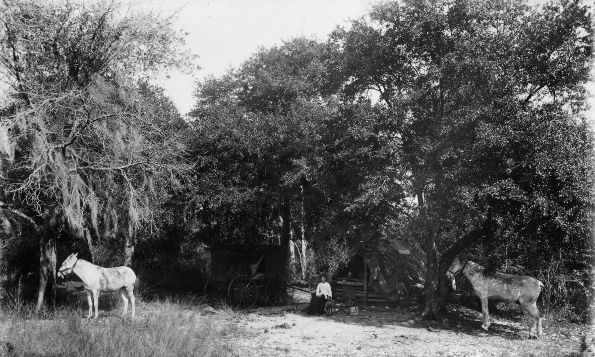 Mrs. Harper and dog at campsite