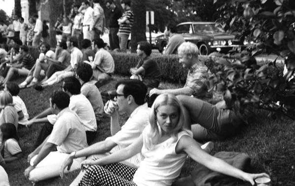 View showing Florida State University students gathered in front of Bryan Hall - Tallahassee, Florida.