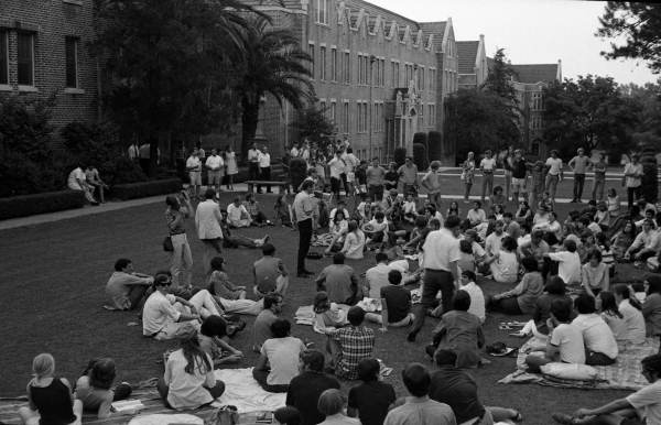 FSU students gathering on Bryan Hall lawn.
