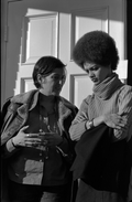 Kathleen Cleaver, right, talking with an unidentified woman in front of Reverend C.K. Steele's church - Tallahassee, Florida.