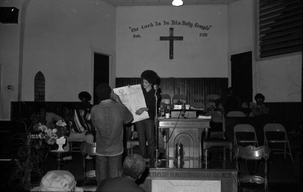 Kathleen Cleaver speaking at Reverend C.K. Steele's church during her visit to Tallahassee, Florida.