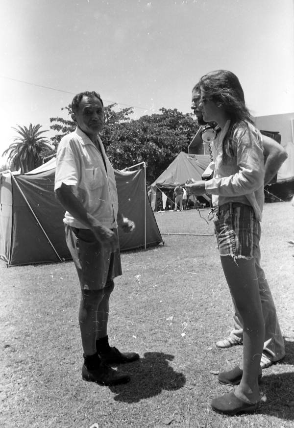 Unidentified man being interviewed at the camp for anti-war protesters in Flamingo Park during the 1972 GOP Convention - Miami Beach, Florida.