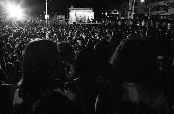 View looking toward Jane Fonda speaking to demonstrators at an anti-war rally in Flamingo Park during the 1972 GOP Convention - Miami Beach, Florida.