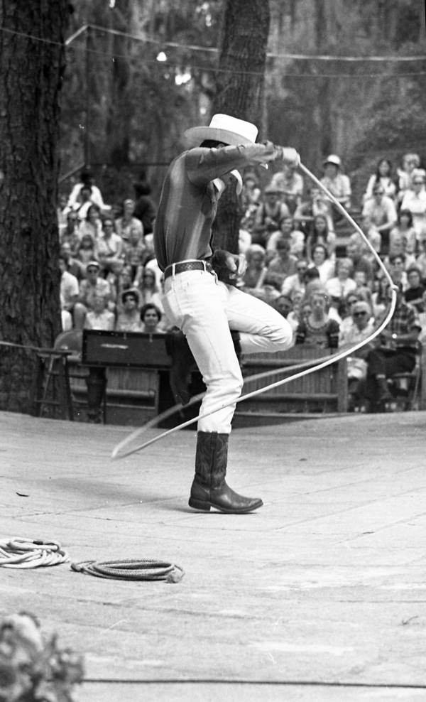 View showing trick roper Danny Coflin performing at the 1970 Florida Folk Festival - White Springs, Florida.