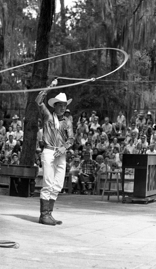 Trick roper Danny Coflin performing at the 1970 Florida Folk Festival - White Springs, Florida.