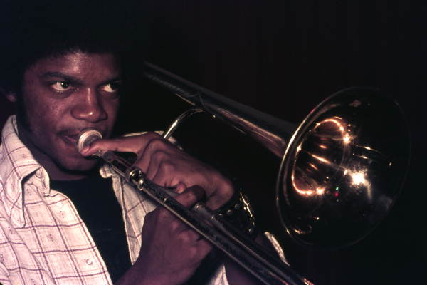 View of a trombonist playing during band performance - Tallahassee, Florida.