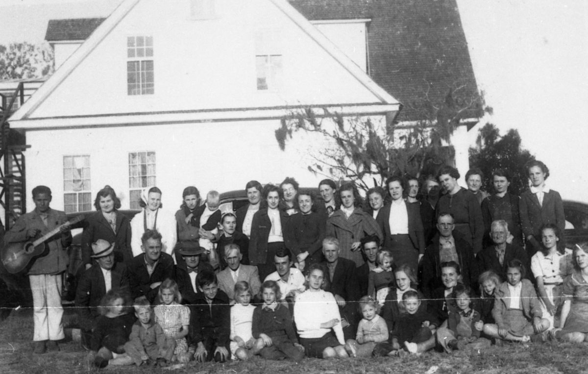 Congregation gathered for portrait outside Cherry Lake Farms baptist church - Cherry Lake, Florida