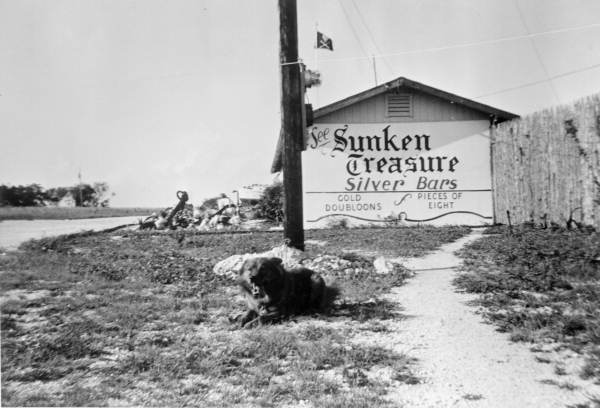 Dog sitting in front of the first McKee museum of sunken treasure - Plantation Key, Florida