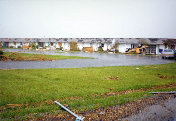 View showing a building damaged during Hurricane Andrew in Dade County, Florida.