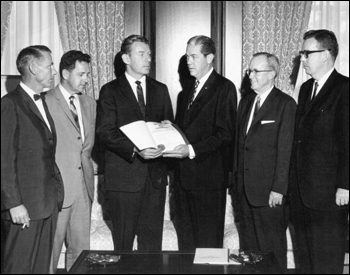 Florida Governor Haydon Burns congratulating space industry leaders (between 1965 and 1967)