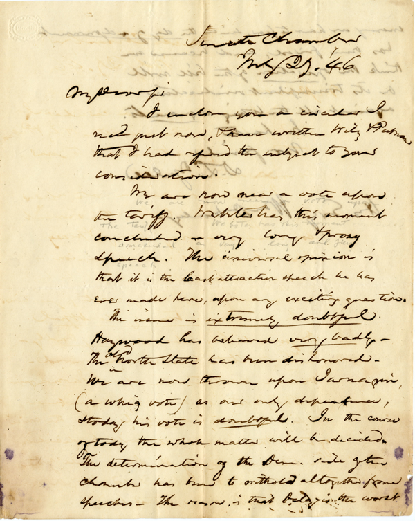 Letter from Senator David Levy Yulee to Governor William D. Moseley, July 2, 1846, on the progress of the debate on the federal tariff bill of 1846 
