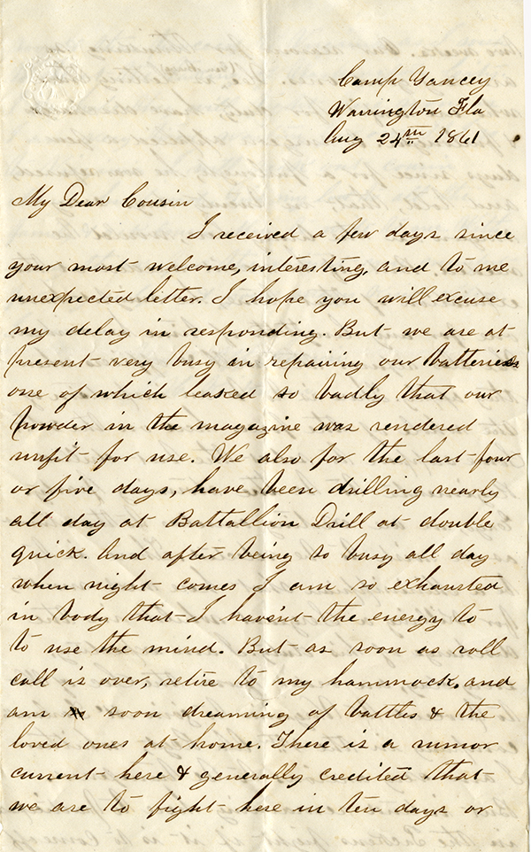 J. H. Kirkman to My Dear Cousin, August 24, 1861 

