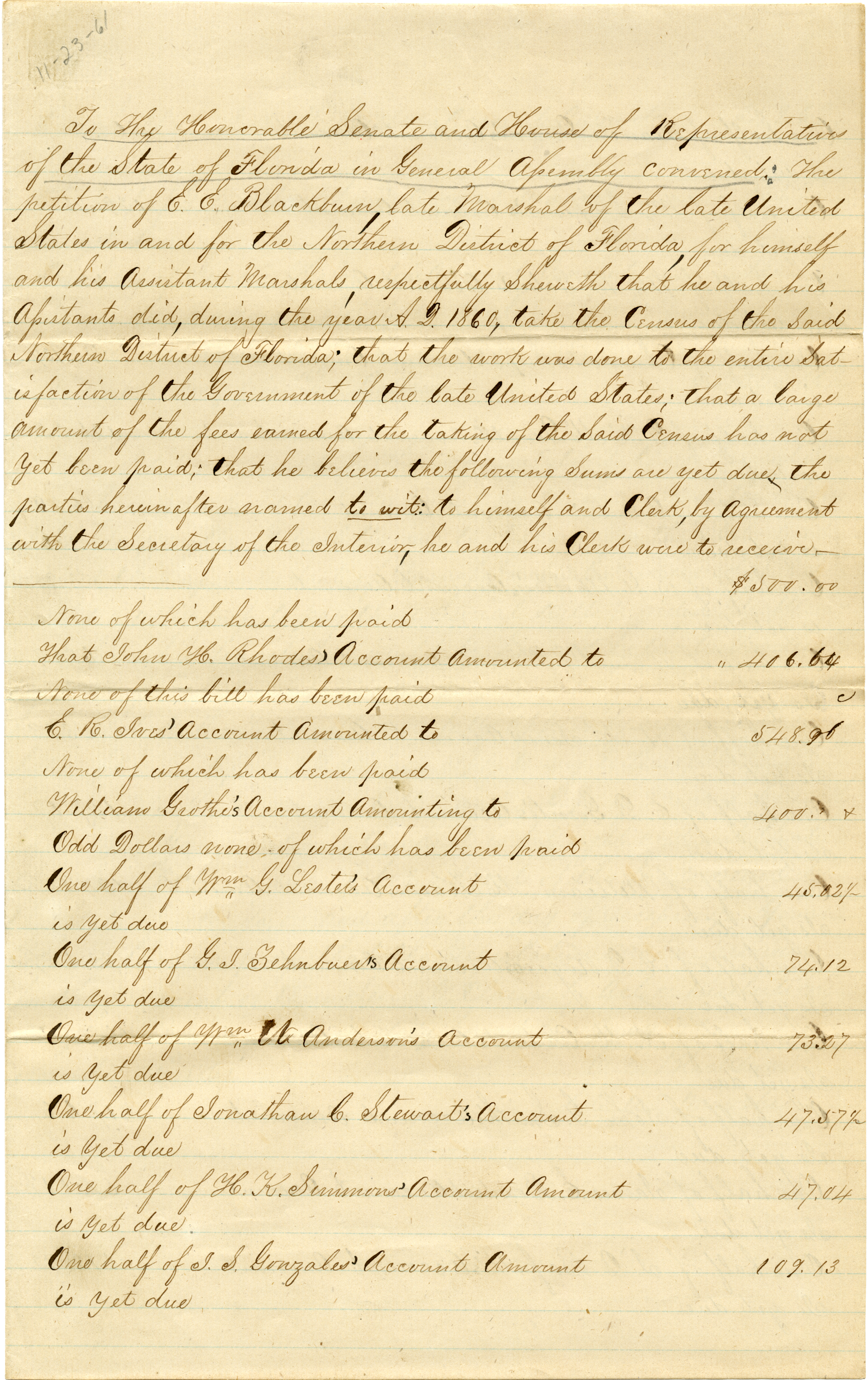 Petition of E. E. Blackburn and Others, November 23, 1861 
