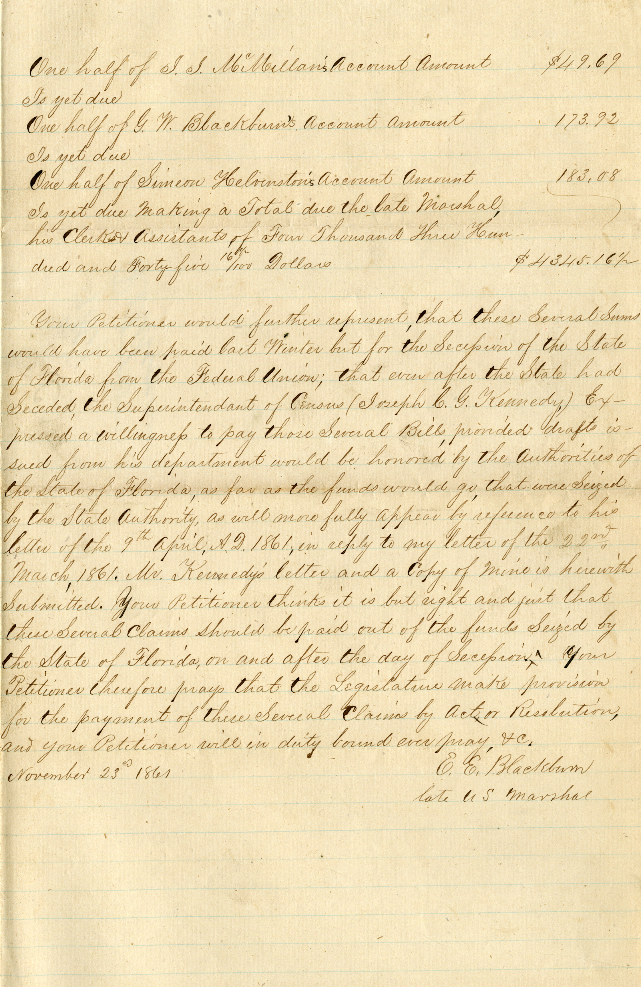 Petition of E. E. Blackburn and Others, November 23, 1861 

