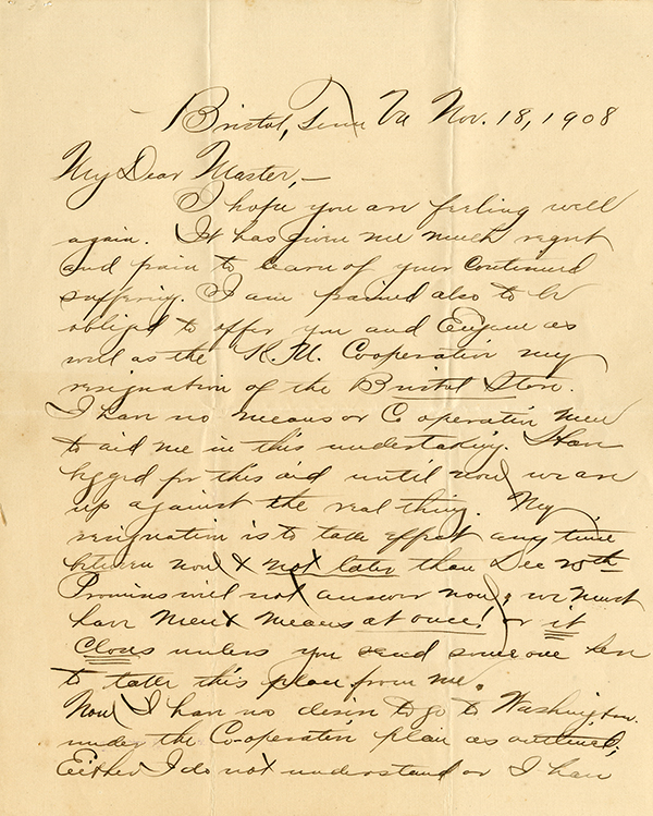 Letter from Henry Silverfriend to Cyrus Teed, explanation of resignation from Bristol Manufacturing Plant, 1908
