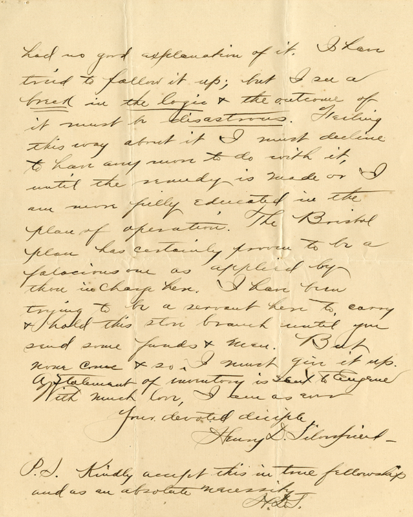 Letter from Henry Silverfriend to Cyrus Teed, explanation of resignation from Bristol Manufacturing Plant, 1908

